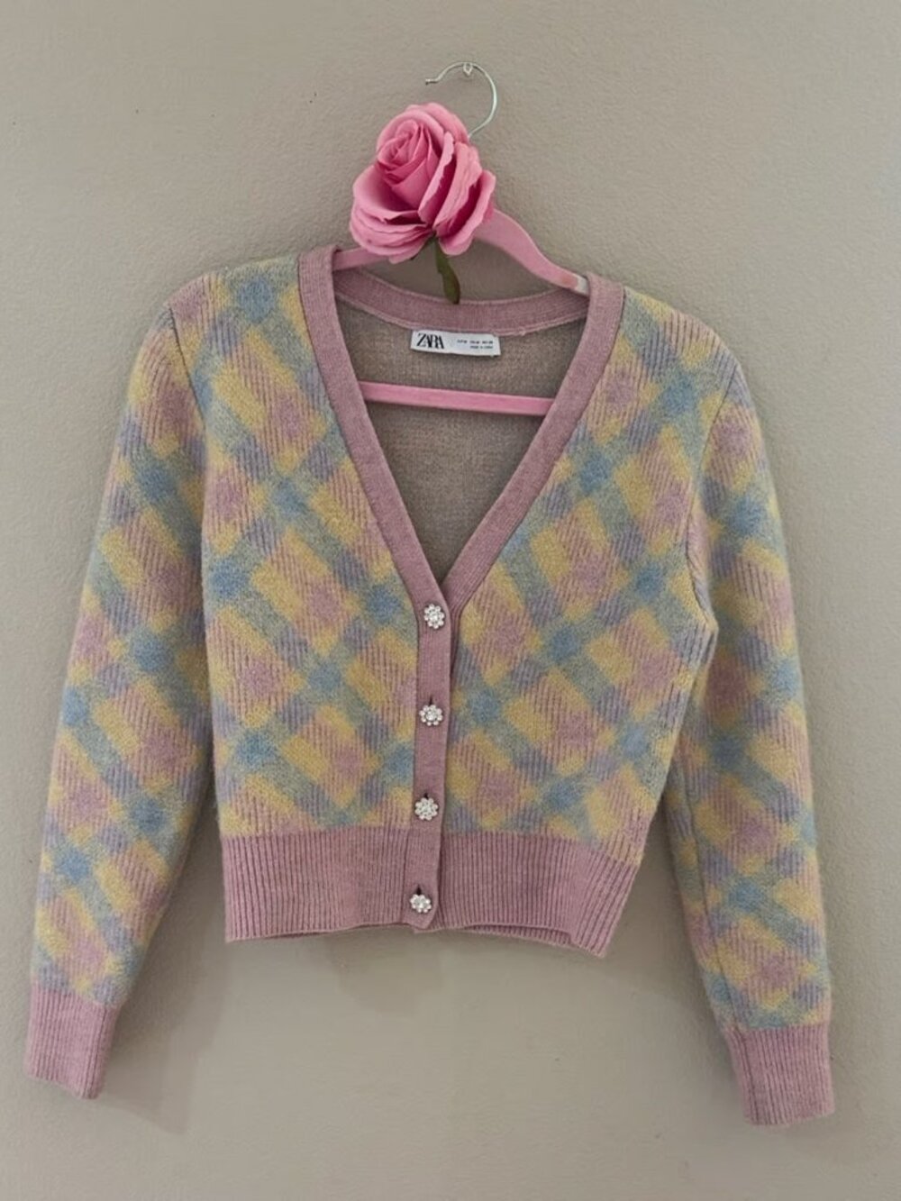 Zara Cardigan Size Medium - Pastel Argyle Rhinestone Buttons Coquette Balletcore